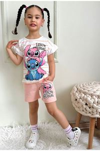 PJKSKT Stitch Desenli Somon Şortlu Kız Çocuk Kısa Kol Takım 7531-S