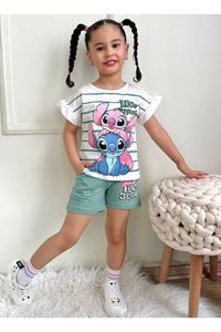 PJKSKT Stitch Desenli Yeşil Şortlu Kız Çocuk Kısa Kol Takım 7531-Y