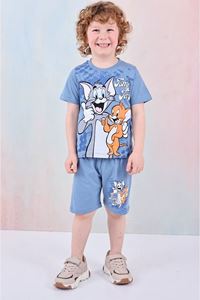 PJKSKT Tom&Jerry Desenli Mavi Şortlu Erkek Çocuk Kısa Kol Takım 7611-M