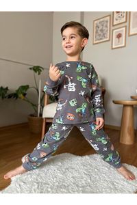 İSOB Füme Minec Desenli %100 Pamuk Erkek Çocuk Pijama Takımı 3-8 Yaş 51305-F