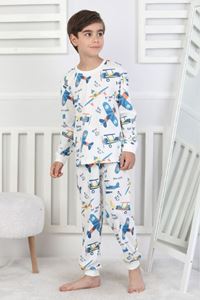 İSOB Ekru Uçak Desenli %100 Pamuk Erkek Çocuk Pijama Takımı 3-8 Yaş 51307-E