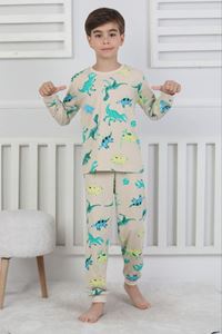 İSOB Bej Dinozor Desenli %100 Pamuk Erkek Çocuk Kısa Kollu Pijama Takımı 3-8 Yaş 51302-B