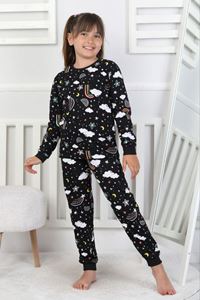 İSOB Siyah Gökkuşağı Desenli %100 Pamuk Kız Çocuk Pijama Takımı 3-8 Yaş 51207-S
